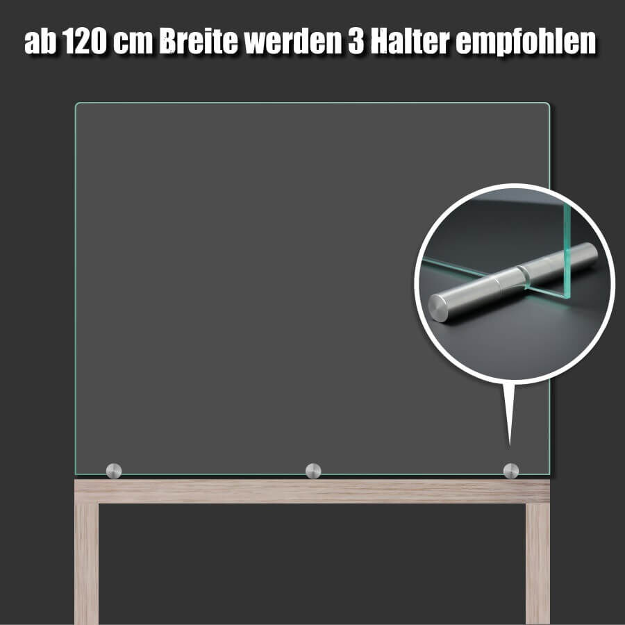 Tischaufsteller 150mm Spuckschutz Plexiglas Glas Platten Ø18 Verwendungsbeispiel mit dunklem Hintergrund