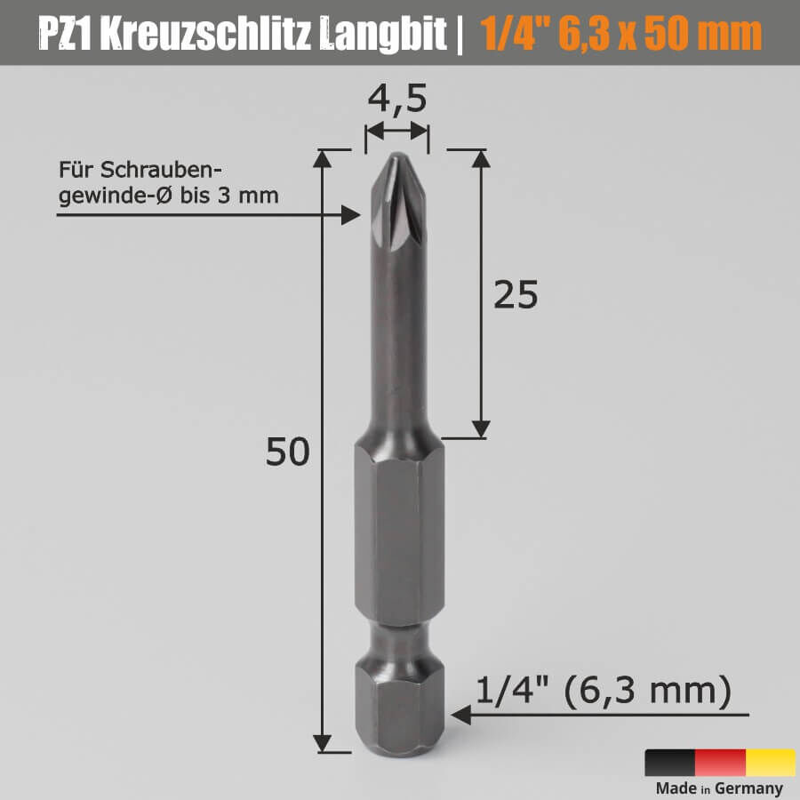 Kreuzschlitz-Bit PZ1 Skizze mit Maßen auf hellem Hintergrund 