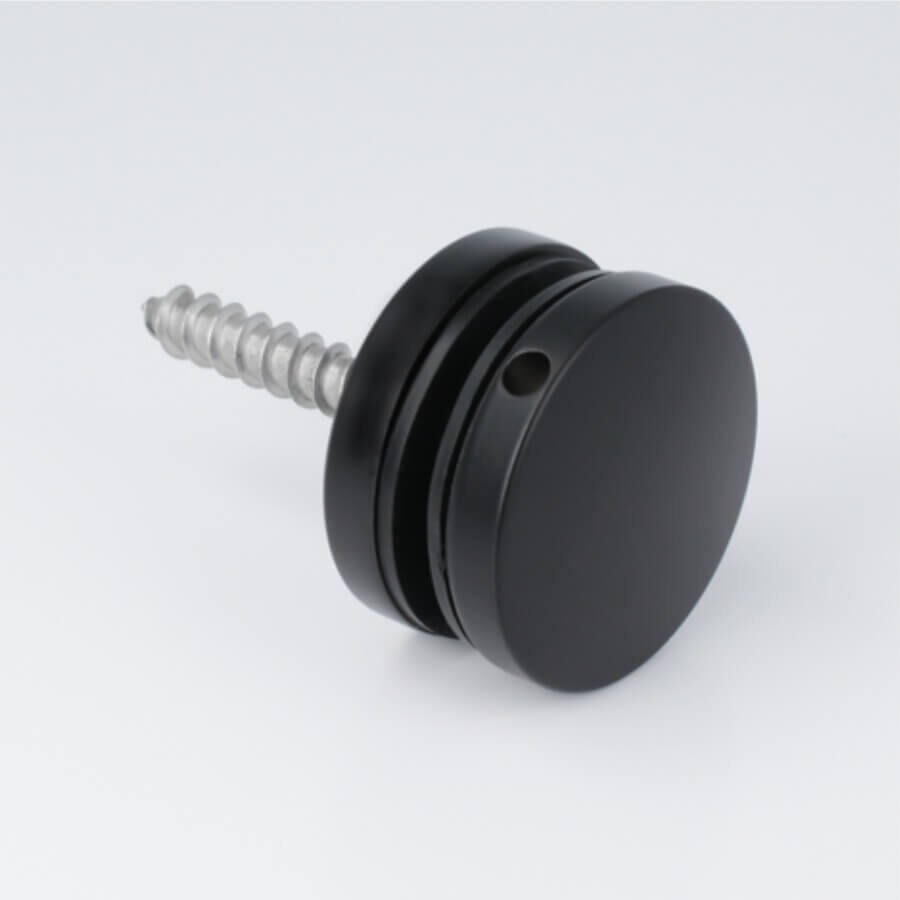 Glas-Punkthalter Edelstahl Ø 50 mm schwarz liegend auf hellem Untergrund Glas-Punkthalter Edelstahl Ø 50 mm schwarz liegend auf hellem Untergrund