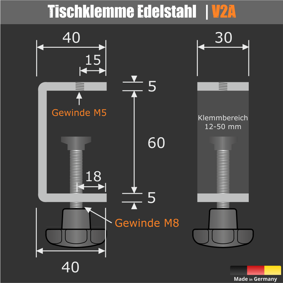 Tischklemme Edelstahl Spuckschutz Skizze Tischklemme mit Abmessungen