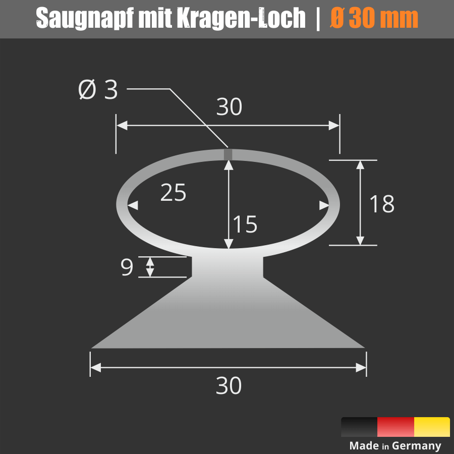 Saugnäpfe 30mm eliptische Schlaufe Öse für Rasierer | Montagehilfe Skizze mit Maßen auf dunklem Untergrund