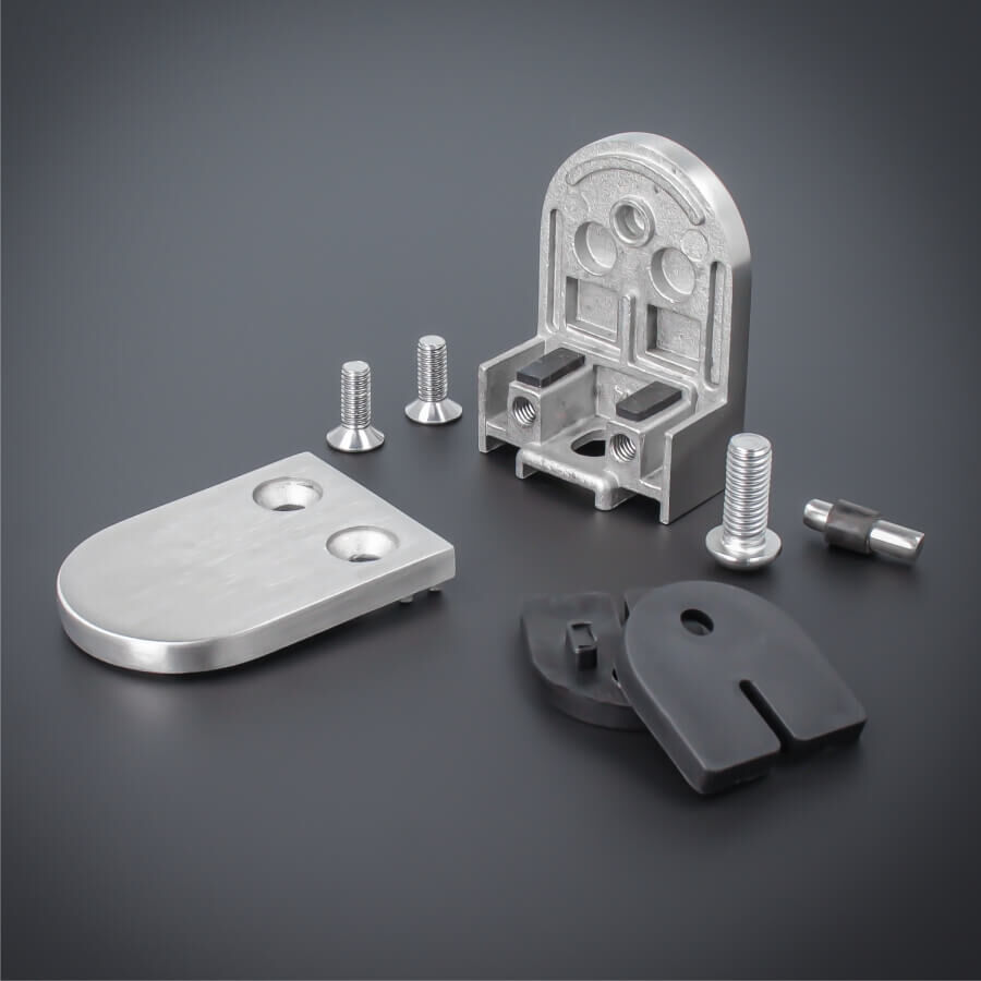Glashalter mit Sicherungsstift V2A 63x45mm Lieferumfang auf dunklem Untergrund