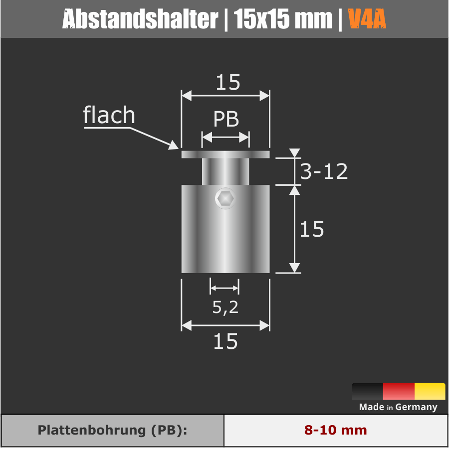 Edelstahl Abstandshalter V4A technische Zeichnung mit Maßen auf dunklem Hintergrund