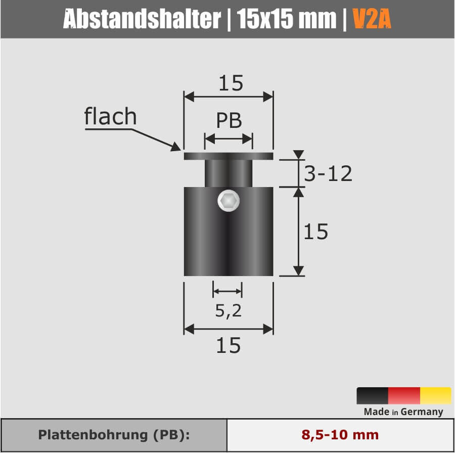 Edelstahl Abstandshalter V2A Ø 15  mm Schwarz Skizze mit Maßen auf hellem Hintergrund