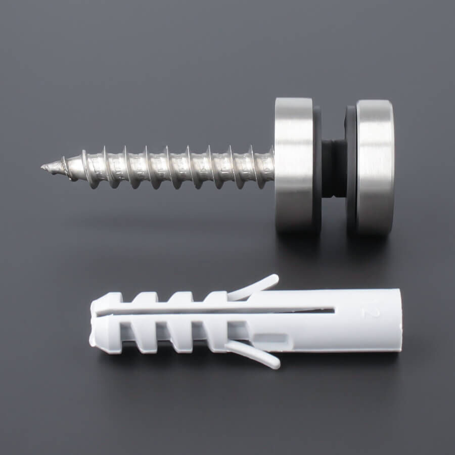 Glaspunkthalter Glashalter Edelstahl Ø30 mm mit Schraube und Dübel auf dunklem Untergrund