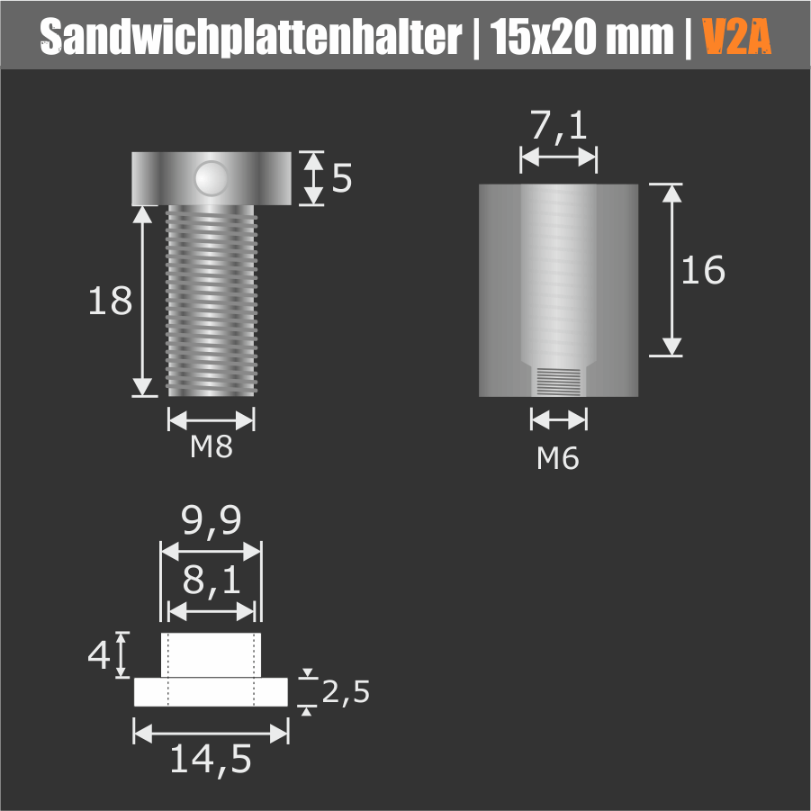 Sandwichplattenhalter Edelstahl V2A Skizze der einzelnen Bauteile mit Maßen auf dunklem Hintergrund