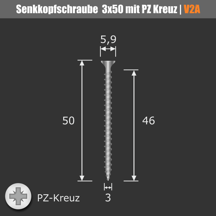 Senkkopfschraube 3x50 mm Edelstahl V2A - verstärkter Kopf | Kreuz Skizze mit Maßen auf dunklem Hintergrund