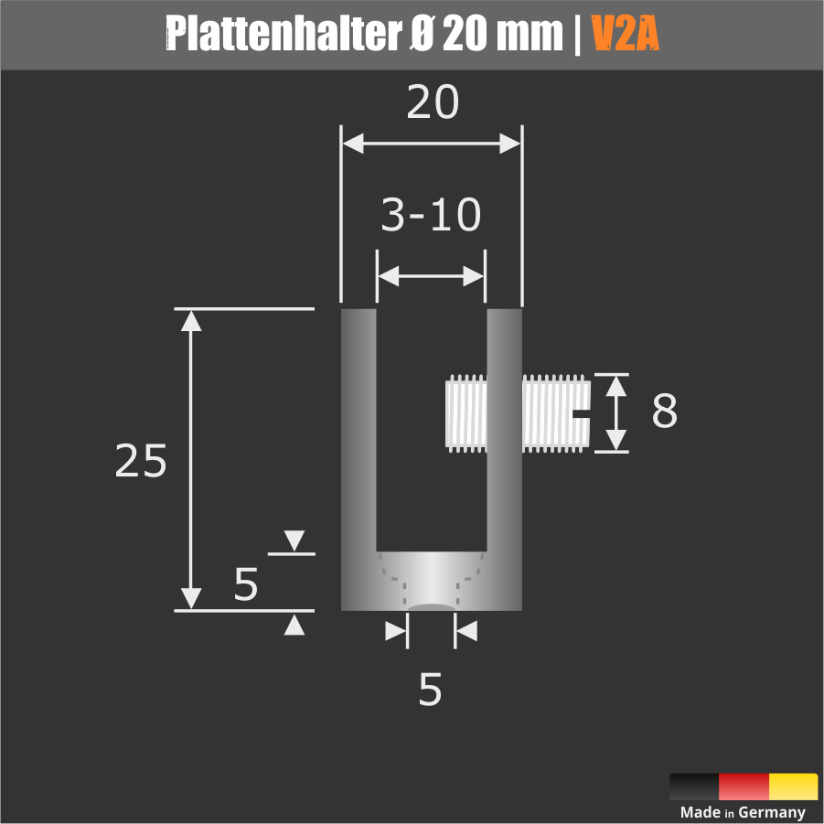 Tischklemme Spuckschutz Trennwand Edelstahl Skizze des Plattenhalters mit Maßen auf dunklem Hintergrund