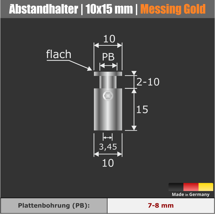 Abstandshalter Messing Lack klar Ø10 mm Skizze mit Maße auf schwarzen Hintergrund