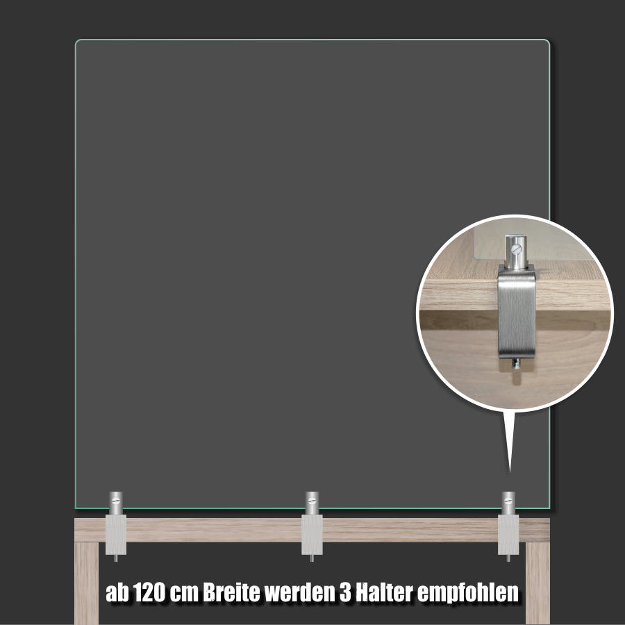 Tischklemme Spuckschutz Plexiglas Abgebildetes Anwendungsbeispiel vor dunkler Wand