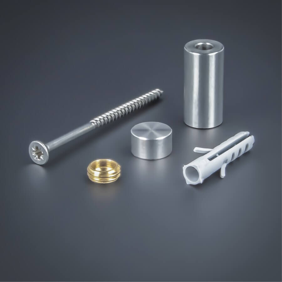 Schildbefestigung Edelstahl V2A Ø 10x20mm Lieferumfang auf dunklem Untergrund