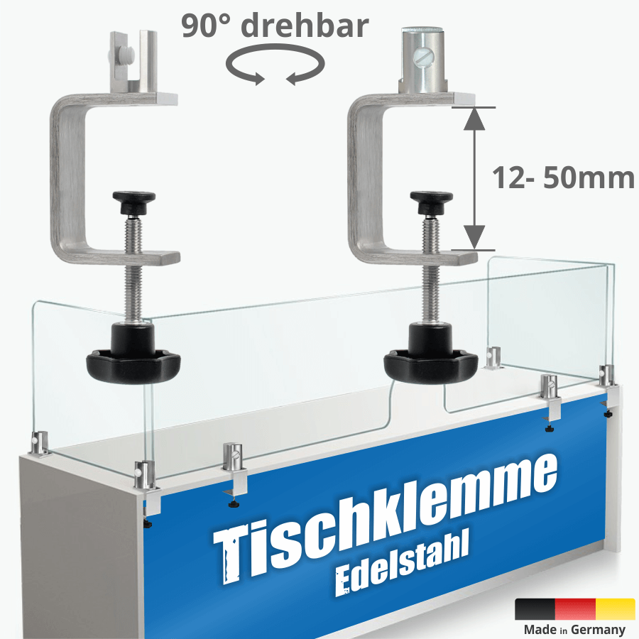 Tischstärke: 12-50 mm | PS: 3-10 mm | Sterngriff Tischklemme Spuckschutz Trennwand Edelstahl Zwei abbgebildete Halter mit Verwendungszweck mit hellem Hintergrund