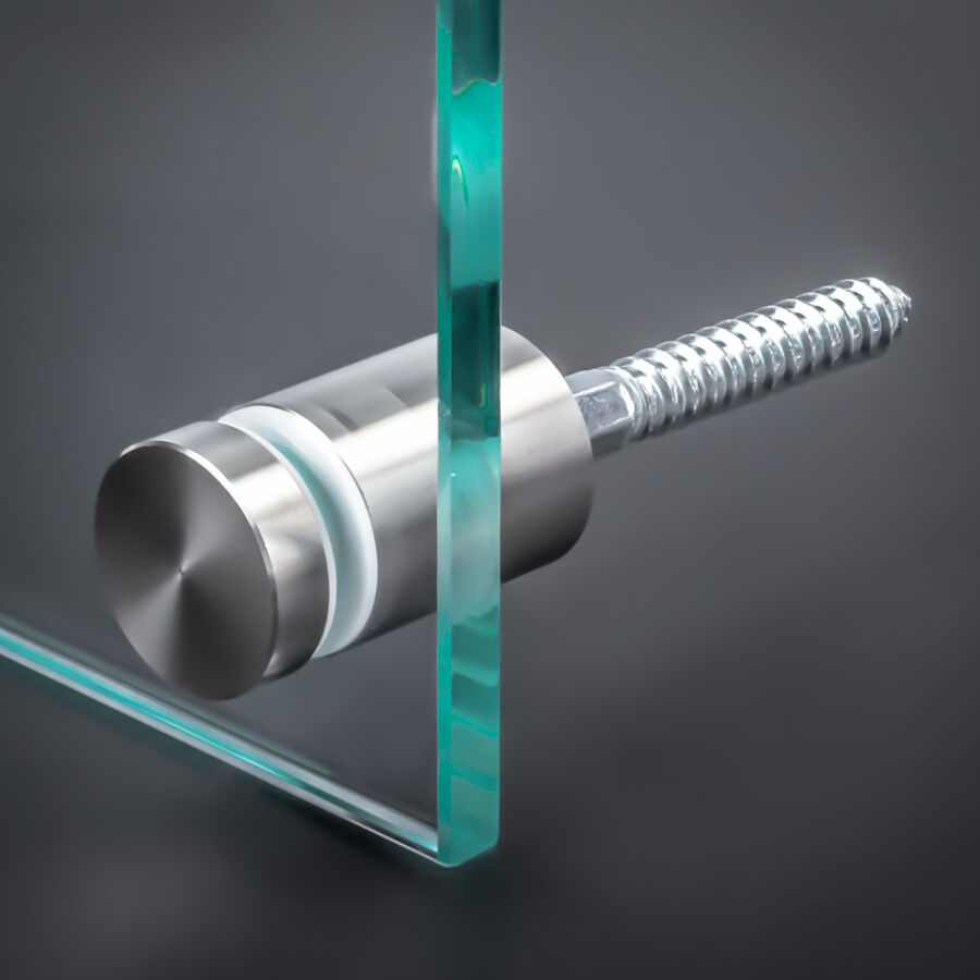 Schraubbare Wandbefestigung mit Stockschraube M10 | Ø 25x25 mm PS:1-18 mm montiert an einer Glasscheibe auf dunklem Untergrund