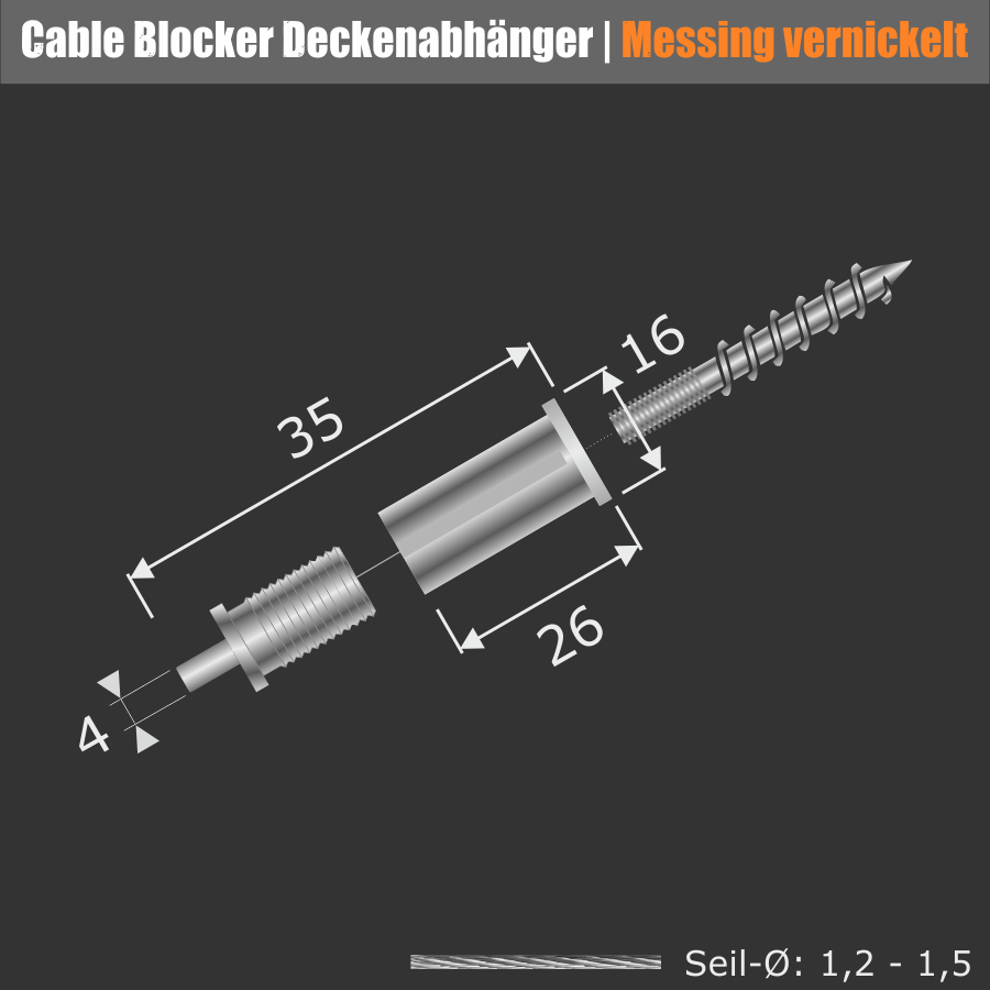 Cable Blocker Deckenabhänger Seil Messing vern. Skizze mit Abmessungen auf schwarzem Untegrund