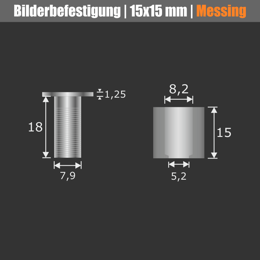 Bilderbefestigung Messing Klarlack Ø15 mm Skizze mit Maßen der einzelnen Bauteile mit dunklem Hintergrund