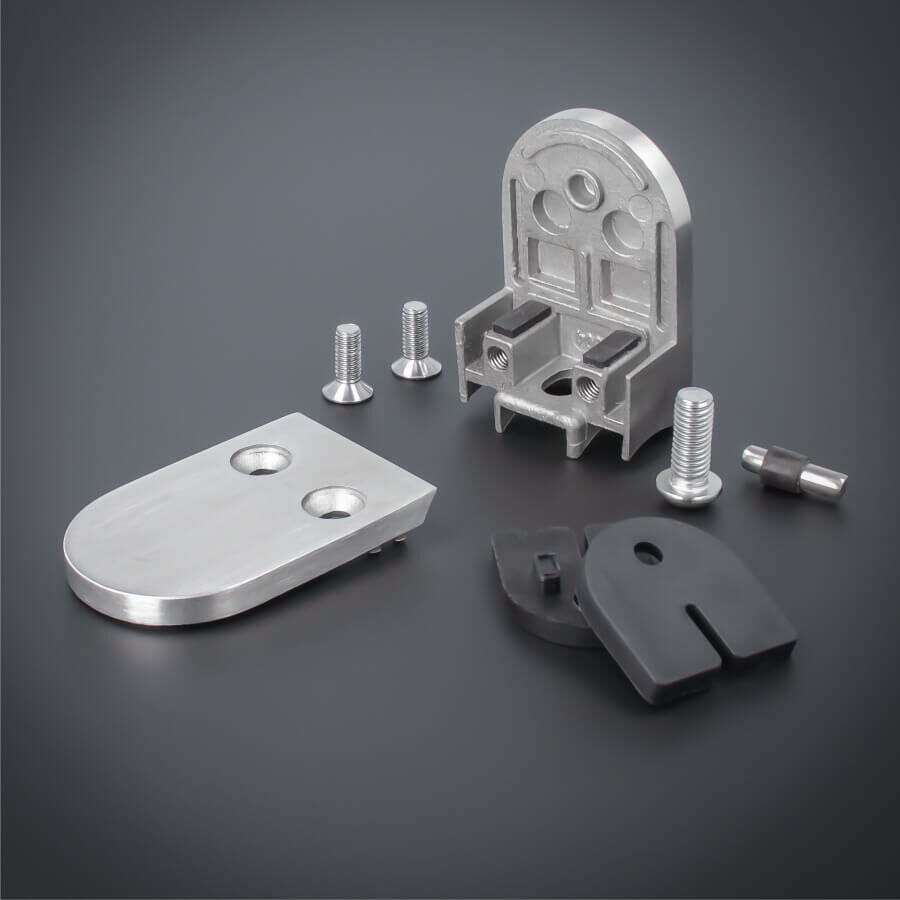 Glashalter mit Sicherungsstift V2A 63x45mm PS: 6-12,76 mm Lieferumfang auf dunklem Untergrund