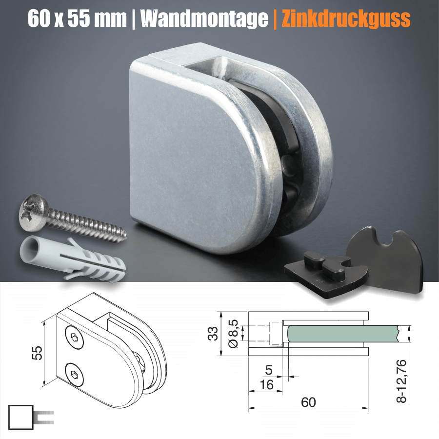 Glashalter Zinkdruckguss halbrund 60x55 mm Skizze mit Maße
