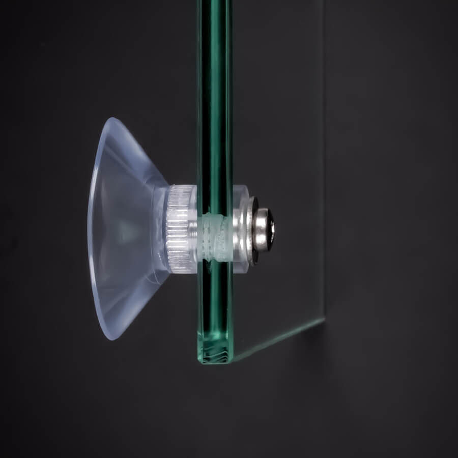 Saugnapf Ø 40mm Innengewinde Anwendungsbeispiel mit Glasplatte vor schwarzen Hintergrund