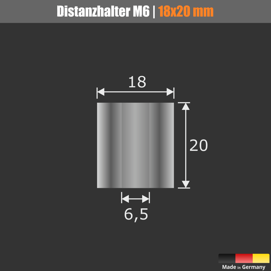 Distanzrohr M6 Messing matt Skizze mit Maßen auf dunklem Hintergrund