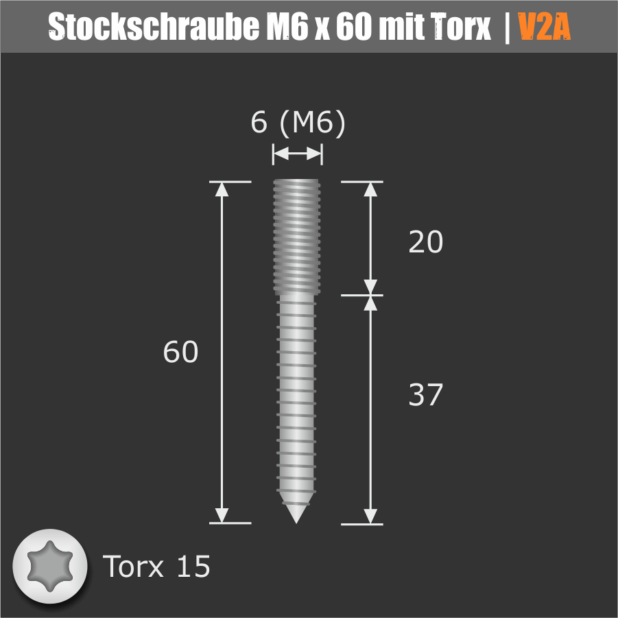 Wandhalter schraubbar V2A Ø15 mm Skizze der Stockschraube mit Maßen auf dunklem Hintergrund