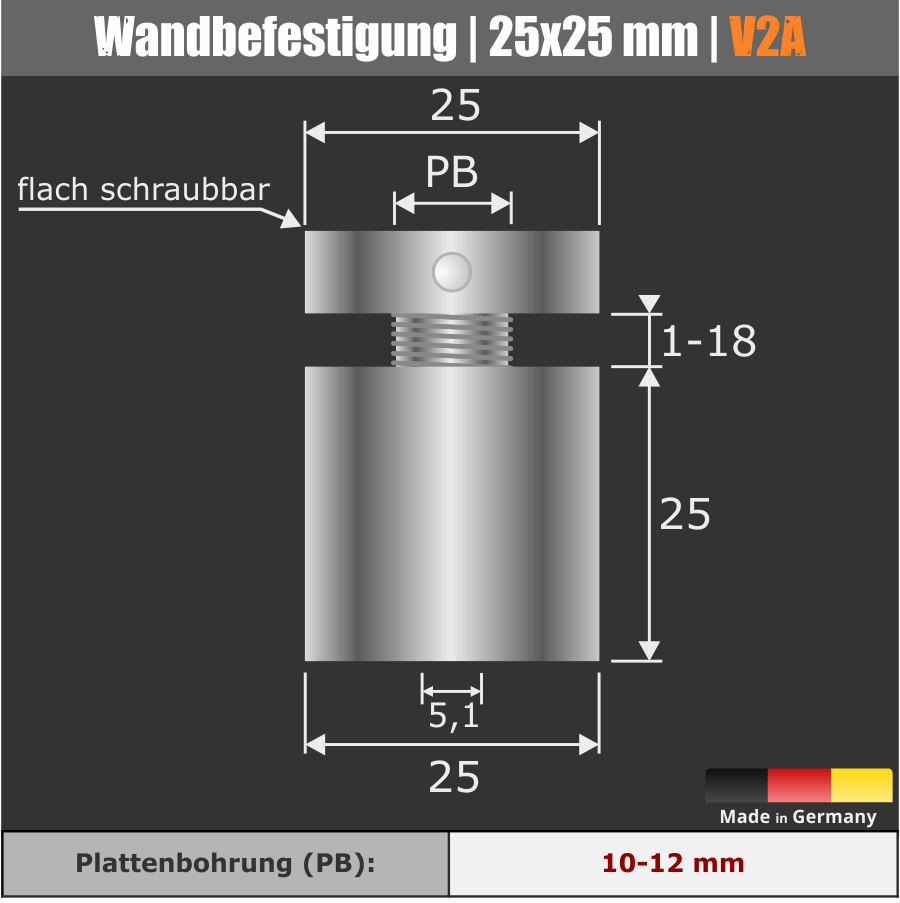 Wandbefestigung für Schilder schraubbar Ø 25 mm technische Zeichnung mit Maßen mit dunklem Hintergrund