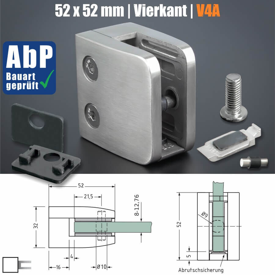 Klemmhalter 52x52 mm Edelstahl V4A mit Sicherung Skizze mit Abmessungen