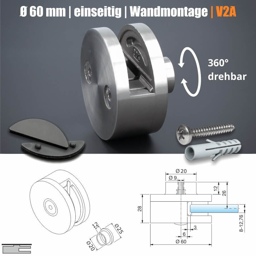 Glashalter Edelstahl rund Ø60mm einseitig front Wandmontage Skizze mit Maße
