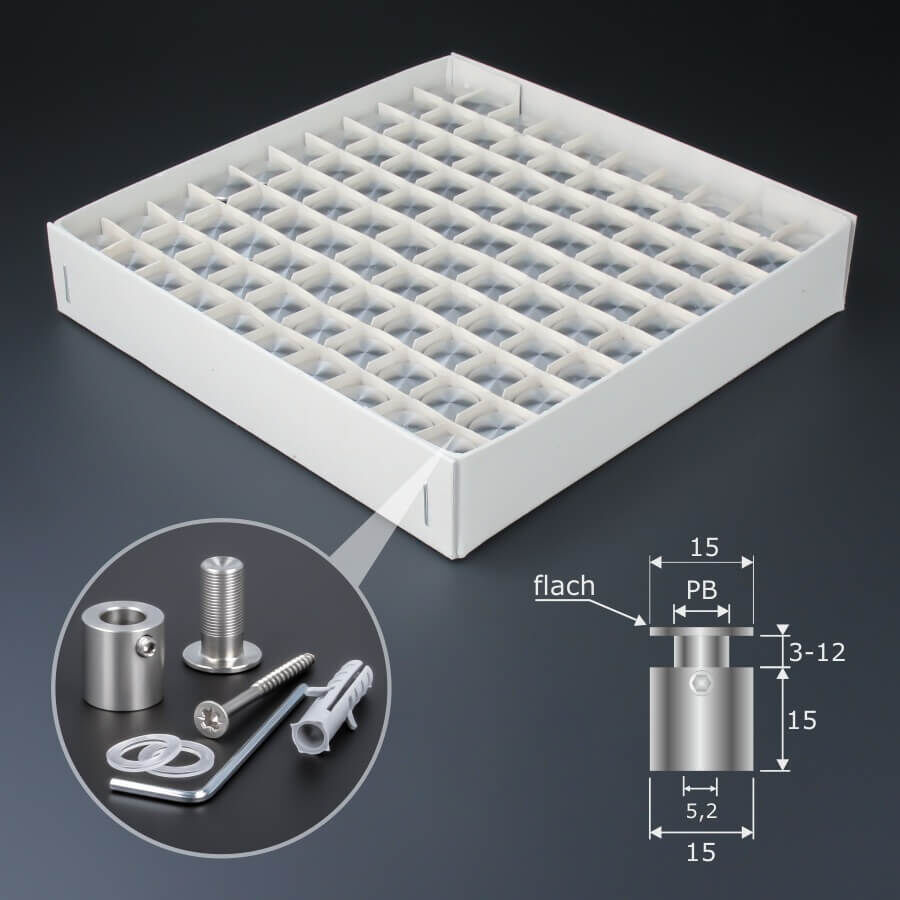 100er-Pack Edelstahl Abstandshalter V2A Ø 15 mm WA: 15 mm PS: 3-12 mm mit Montagematerial