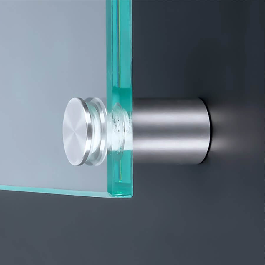 100er-Pack Abstandhalter schraubbar Edelstahl V2A Ø 15 mm montiert mit Scheibe an dunkler Wand