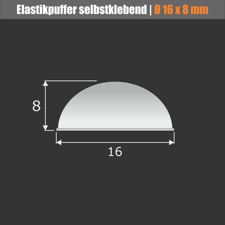 Bumpon Elastik-Wand-Puffer transparent selbstklebend Ø 16 mm Skizze auf dunklem Untergrund