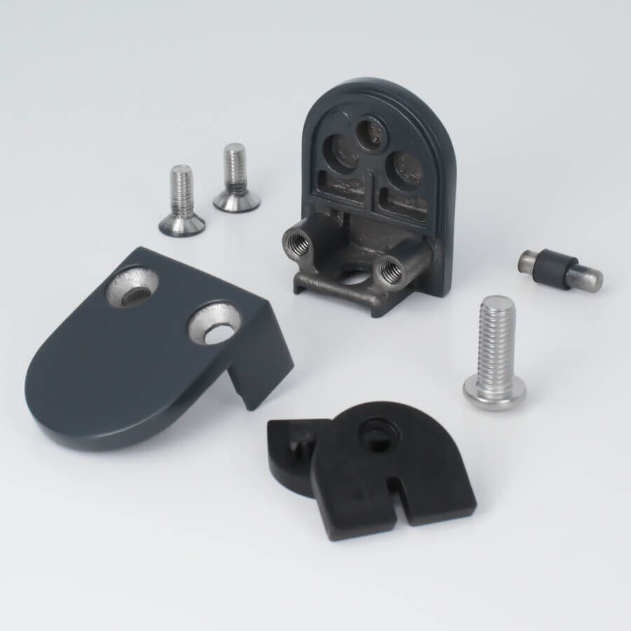 Glashalter Edelstahl V2A 50 x 40 mm anthrazit RAL7016 halbrund Lieferumfang auf hellen Untergrund