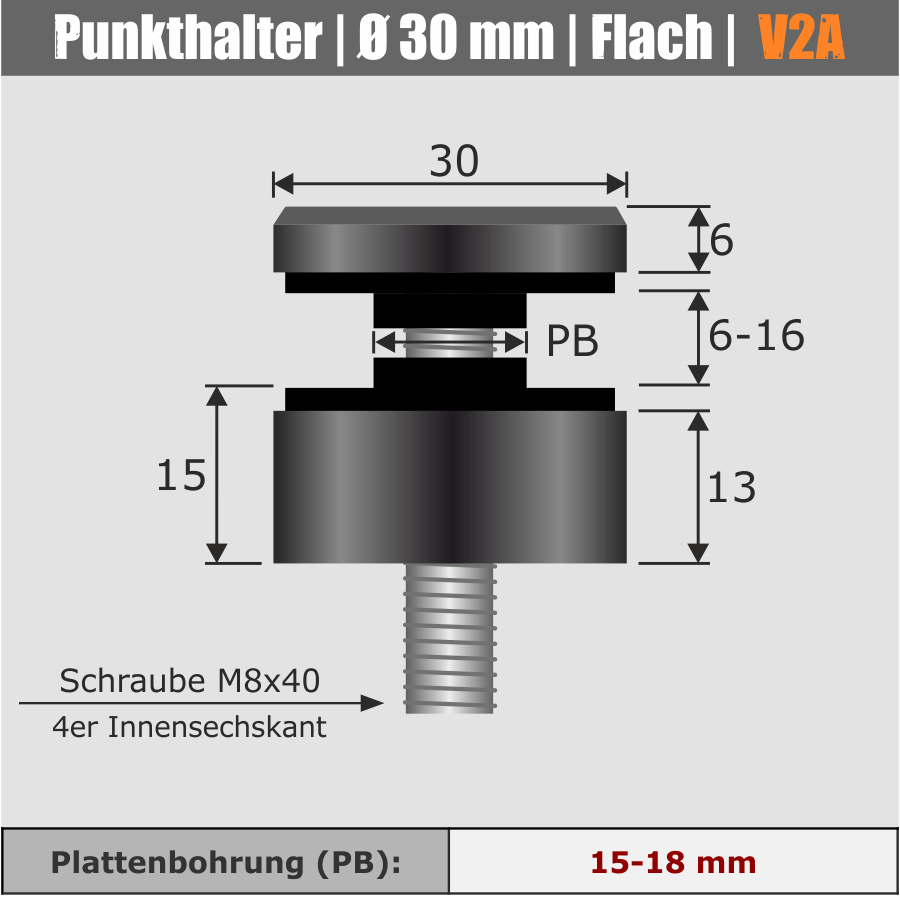 Punkthalter Edelstahl V2A Ø 30 mm schwarz Skizze mit Maße