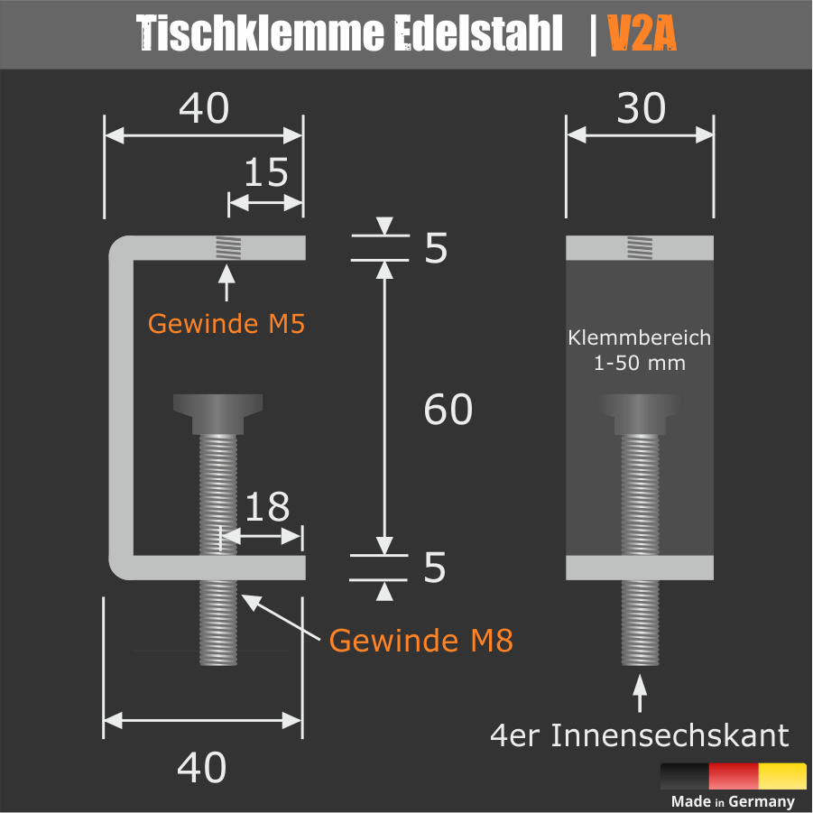 Tischklemme Spuckschutz Plexiglas Skizze des Tischwinkels und der Klemmschraube+Teller mit Maßen auf dunklem Hintergrund