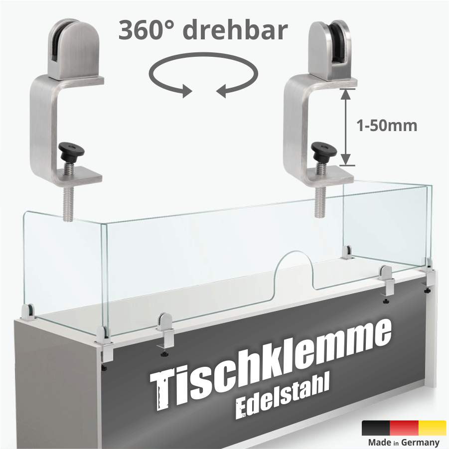 Tischstärke: 1-50 mm | PS: 3-8 mm | Innensechskant Tischklemme Edelstahl 1-50mm Spuckschutz Abtrennung Beispielhafter Aufbau
