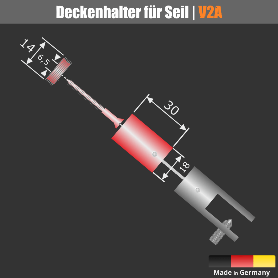 Deckenhalter Edelstahl für Seile Skizze mit Maßen