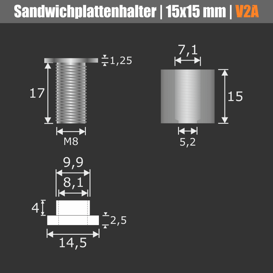 Sandwichplatten Halter schraubbar V2A Skizze der einzelnen Bauteile mit Maßen