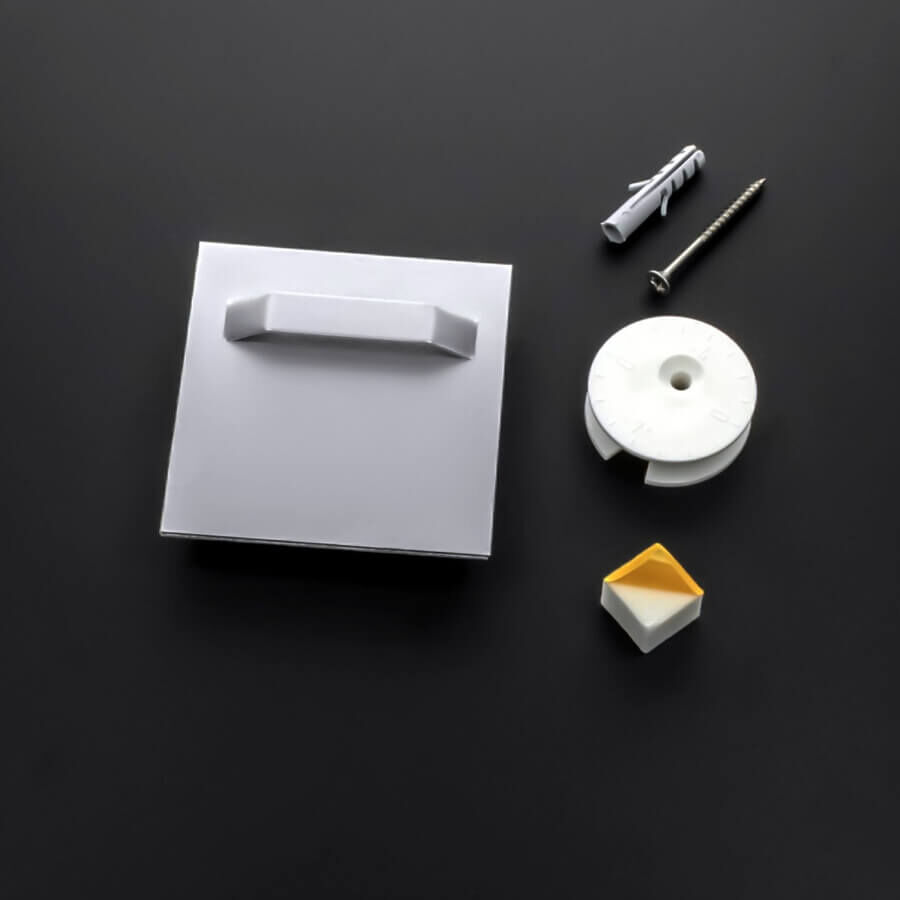 Glasplattenmontage selbstklebend 70x70mm mit weißem Wandpuffer und Exzenterscheibe auf schwarzen Untergrund