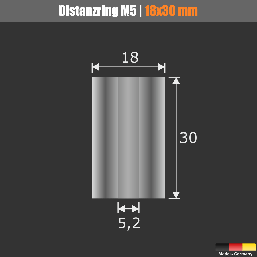 Distanzring Abstandshülse M5 V2A Ø18x30mm Skizze Maße auf schwarzem Untergrund