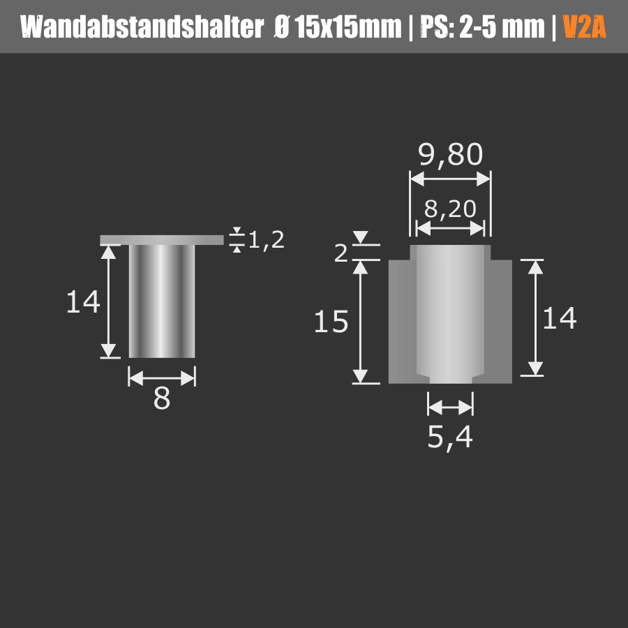 Wandabstandhalter 4-eckig Edelstahl V2A Zeichnung mit Abmessungen auf schwarzem Untergrund