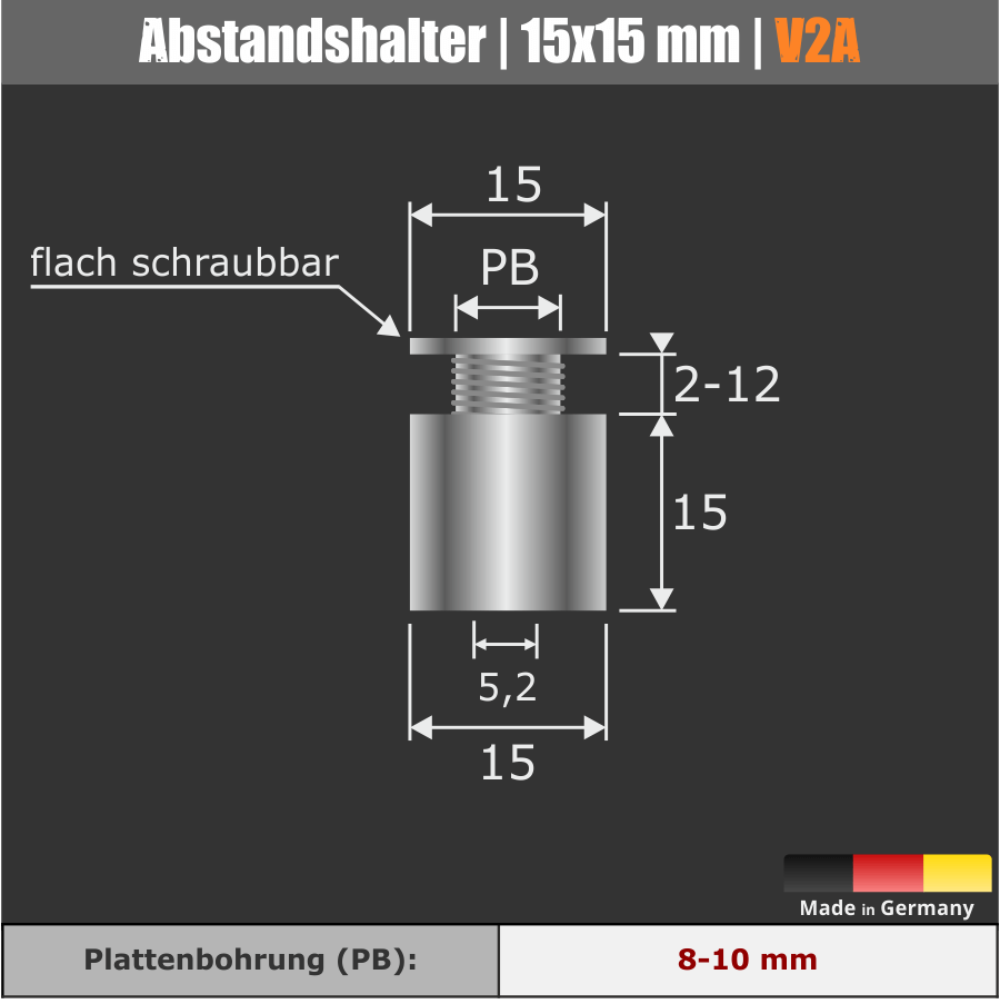 Abstandshalter mit schraubbarem Kopf aus Edelstahl Skizze vor einfarbigem grauen Hintergrund