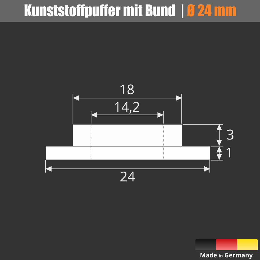 Schutzhülse M14 Kunststoff Bund Ø24mm I-Ø:14,2mm PB:18mm BH:3mm AH:1mm Skizze mit Maße