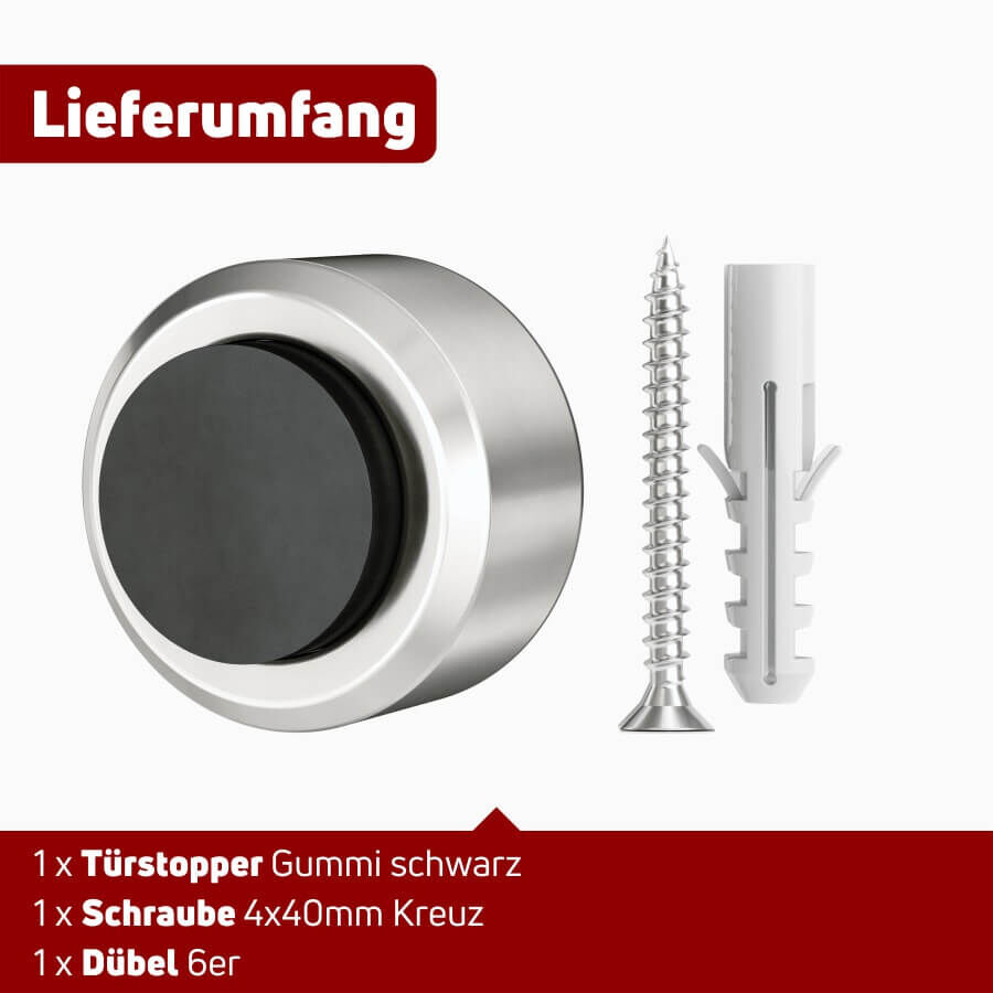 Türstopper Edelstahl Türklinke Wand zum Schrauben Ø30mm Gummi Schwarz Lieferumfang mit hellem Hintergrund