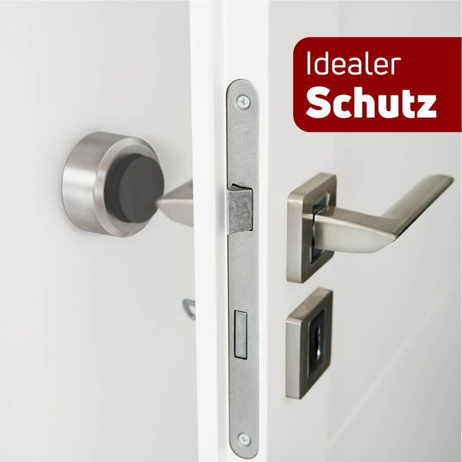 Türstopper Edelstahl selbstklebend Ø30mm Gummipuffer weiß Anwendungsbeispiel mit Türklinke