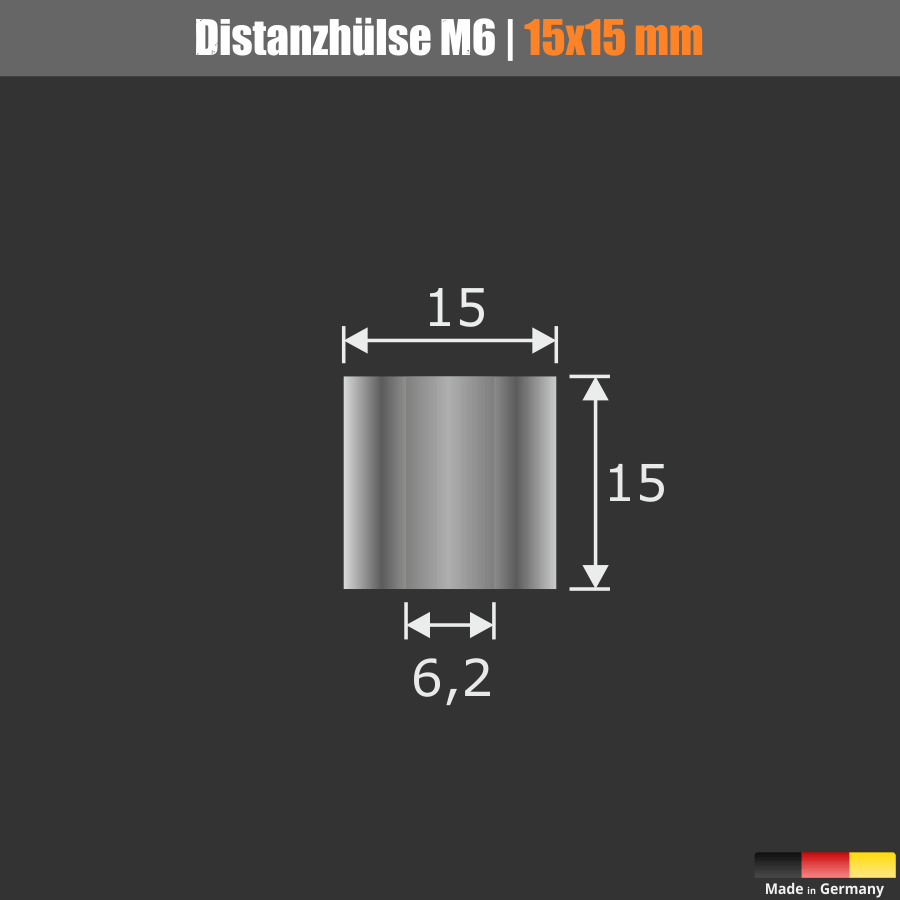Schildbefestigung Edelstahl V2A Ø 18x15mm Abstandshülse mit Abmessungen auf dunklem Untergrund