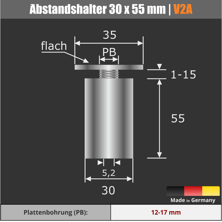 Großer Kleiderhaken Wandhaken Edelstahl Kopf-Ø: 35mm Skizze mit Maßen auf scharzem Hintergrund