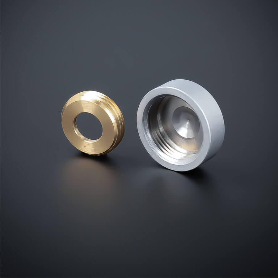 Zierkappe Edelstahl silber matt 18mm flach stehend mit Gewindering auf dunklem Untergrund