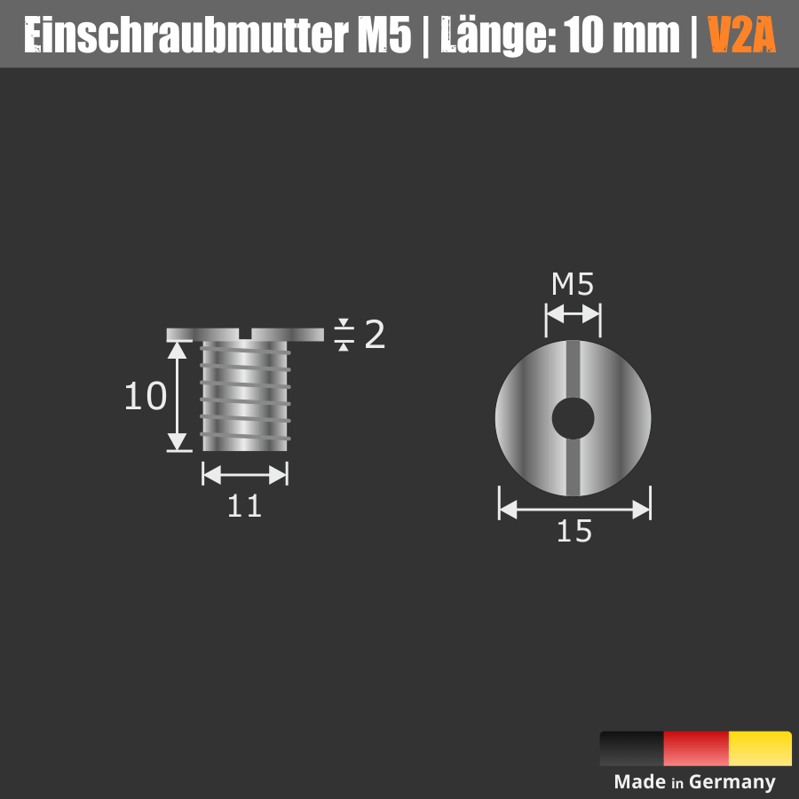 Einschraubmutter Edelstahl M5 Skizze mit Abmessungen auf schwarzem Untergrund