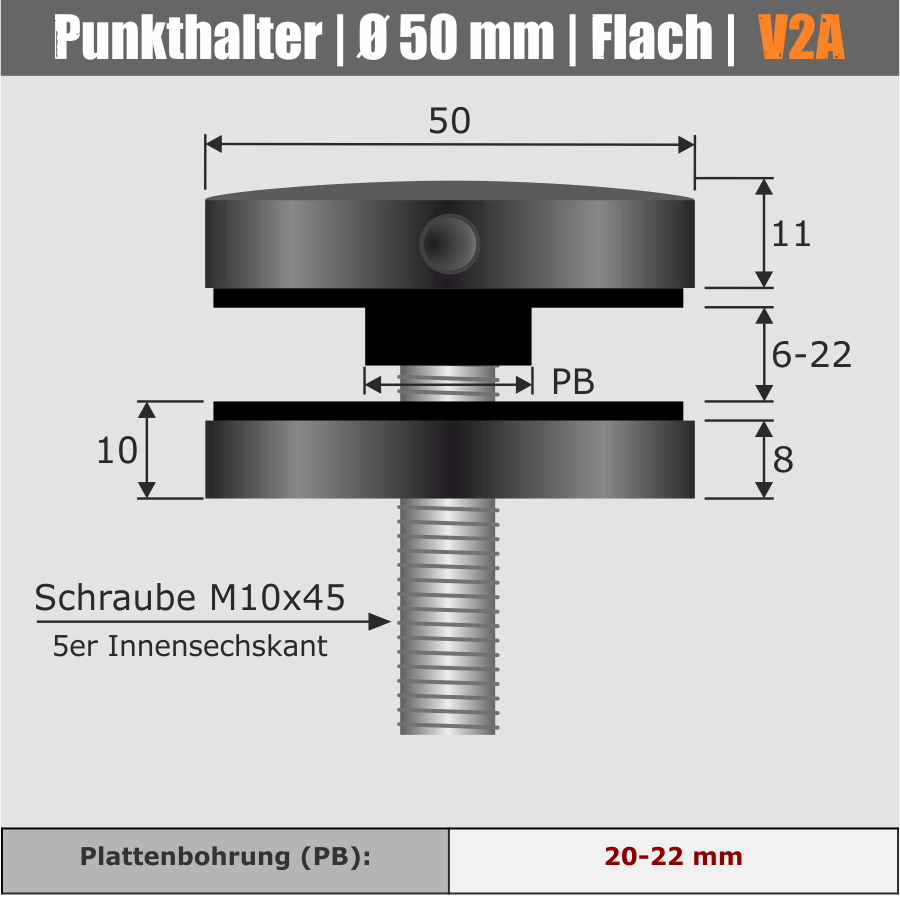 Punkthalter Edelstahl V2A Ø 50 mm schwarz Skizze mit Maße