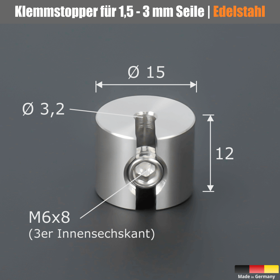 Seilklemme Draht Seilstopper Klemmstopper Edelstahl V2A Abbildung mit Maßen auf dunklem Untergrund
