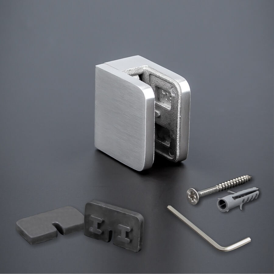 Glasscheibenhalter Wandregalhalter V2A 30x30mm Lieferumfang auf dunklem Untergrund